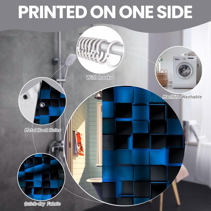 NBVKO 3D Cubes Shower Curtain，Blue Black Shower Curtains for Bathroom，Modern
