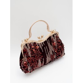lapulio Vintage sequined velvet evening bag flower hardware handbag suitable for banquet wedding party formal occasions(Burgundy)