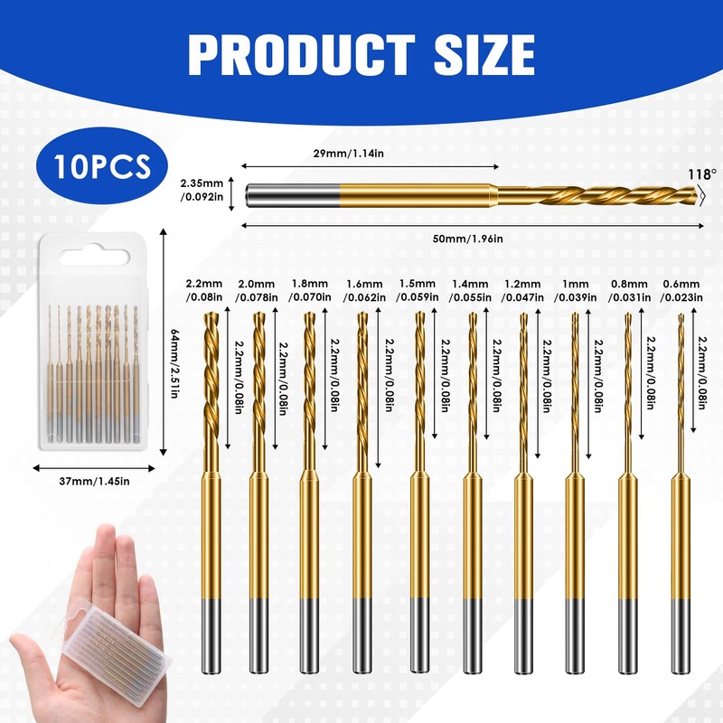 10Pcs Mini Twist Drill Bit Set, 0.6mm-2.2mm Micro Engraving Drill