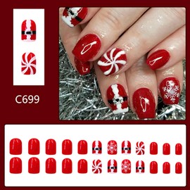 GGDECA Red Christmas Press on Nails Short Square Fake Nails Snowflake False Nails with Designs Stripe Glossy Glue on Nails Full cover Artificial Acrylic Nails for Woman 24Pcs