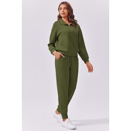PINSPARK 2 Piece Outfits for Women Long Sleeve Tracksuit Lounge Sets 2024 Travel Outfits Half Zip Sweatshirt Sweatpants Matching Set,Army Green X-Large