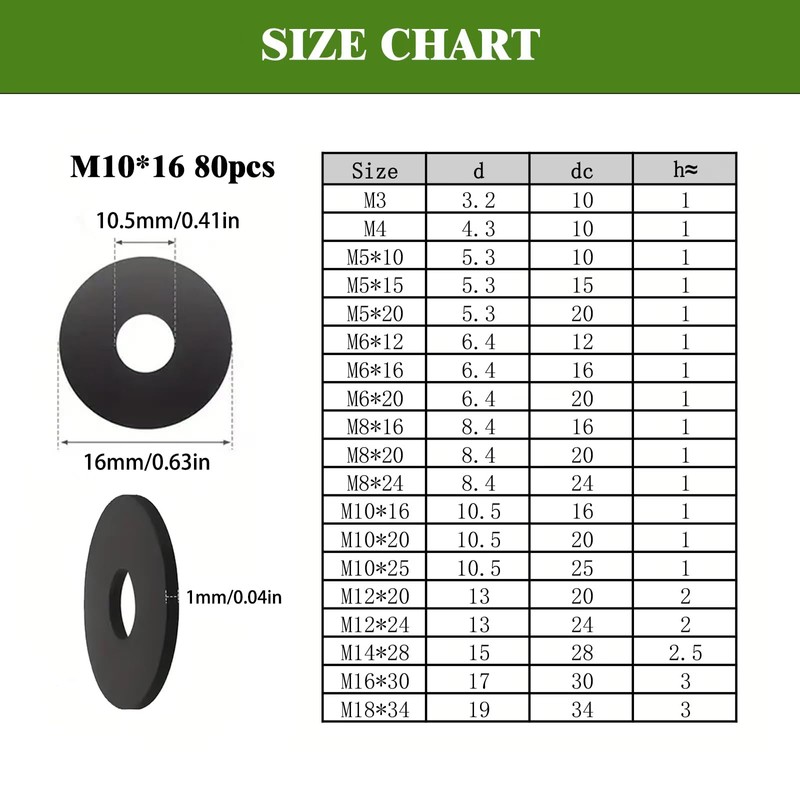 Hexizexi Pack of 80 Washers Black M10 x 16 mm