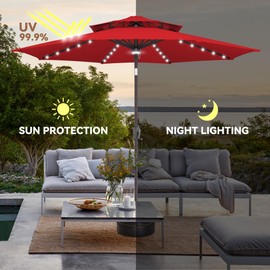 Ackmizz 9ft Solar Umbrella Outdoor - Double Top Lighted Patio Umbrella with 40 LED Lights Waterprool Uv Protection, Table Umbrella with Tilt & Crank for Pool, Porch, Garden, Backyard(Red)