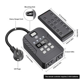 Outdoor Light Timer Waterproof, 15A, 24-Hour Plug in Light Sensor Countdown Timer (2, 4, 6 or 8 Hours Mode), 100 ft Range Remote Control with 2 Grounded Outlets for Home and Garden, ETL Listed