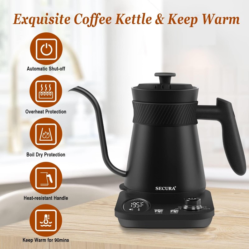 Secura Electric Gooseneck Kettle, 5 Variable Presets for Coffee Tea