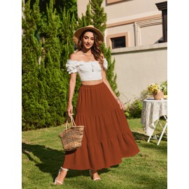 Zeagoo Skirt Women's Long High Waist Skirt Summer Maxi Skirt Elegant A-Line Long Skirt Casual Elastic Skirts with Pockets S-XXL, orange, L