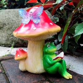 RCTTICUU Solar Frog Mushroom Garden Statues,Statuettes of Resin Frog Mushroom Reading a Book Figurine with LED Solar Lights, Lawn Decor Outdoor Statue for Patio,Balcony,Yard,Lawn Ornament