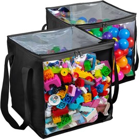 2 Piece Extra Large Toy Storage Clear Bags with Zipper 14"x14"x14" Clear Plastic Bins with Handle, Toy Organizer for Kids playroom, Blocks, Clothes, Stuffed Animal Storage