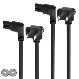 Angled 2-Slot Non-Polarized Angle Power Cord 6 FT (2-Pack), 90 Degree L-Shaped TV Power Cord, IEC320 C7 to NEMA 1-15P, 2 Prong Replacement Cable, Figure 8, Black, 2 Pack