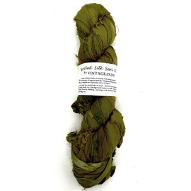 Vintageandyou 100g Recycled Sari Silk Ribbon Yarn, Jewelry Making Trim - Olive green