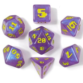 Space Invader D&D TTRPG Resin 7 Piece Dice Set Retro Video Game Font, Shimmery Purple and Yellow-Green (11)