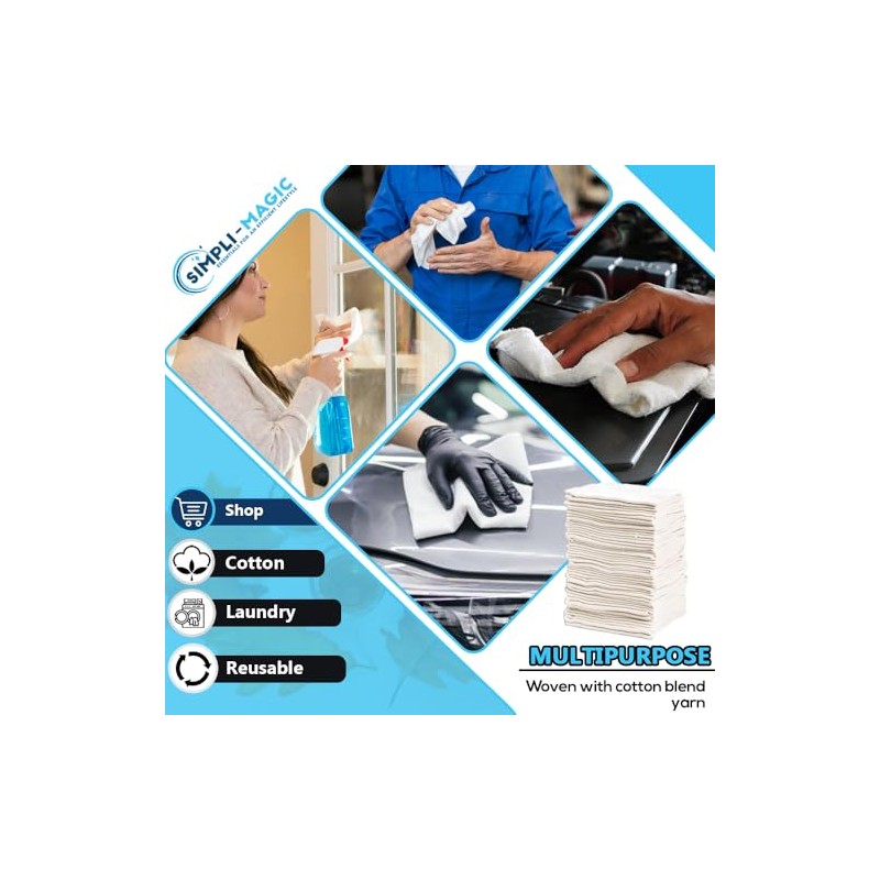 Simpli-Magic Cotton Shop Towels, Commercial Grade White, 90 Pack, Size: