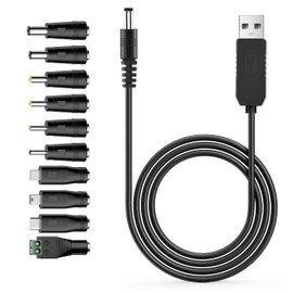 Versatile 5V USB to 12V DC Power Cable, Easy-to-Carry 3.3 Feet Charging Cord, with 10 Adapter Tips (Micro-USB, Type-C, Mini USB, 5.5x2.1, 2.5x0.7, 3.0x1.1, 3.5x1.35, 4.0x1.7, 4.8x1.7, 5.5x2.5mm)