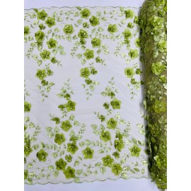 Olive Green Double Scalp Orquidia 3D Floral Design Embroider with Pearl. By Yard