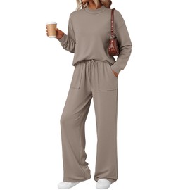 LILLUSORY Womens Lounge Two 2 Piece Sets Fall 2025 Mock Neck Tops Wide Leg Pants Tracksuit Sweatsuit Outfits Clothes Casual Nutmeg XL