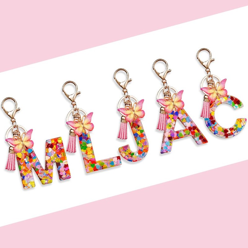 OSDUE Fashion Alphabet Initial Letter Keychain, Women Tassel Butterfly Pink