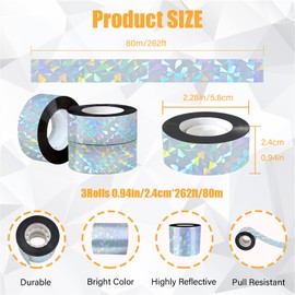 ASTIMESA Double Sided Reflective Bird Scare Tape, Holographic Sparkly Bird Tape, Flash Reflective Ribbon for Birds Woodpeckers Pigeons Keep Away from House Garden Patio (3 Rolls 787.4 Ft)