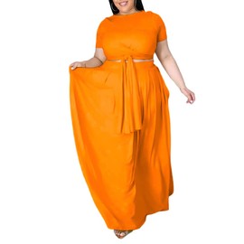 Ophestin Womens Plus Size 2 Piece Dress Outfits Solid Color Crop Top Maxi Skirts Set Orange 5XL