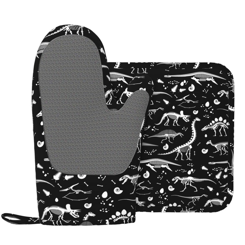 Oven Mitts and Potholders Black and White Dinosaur Skeleton Skulls