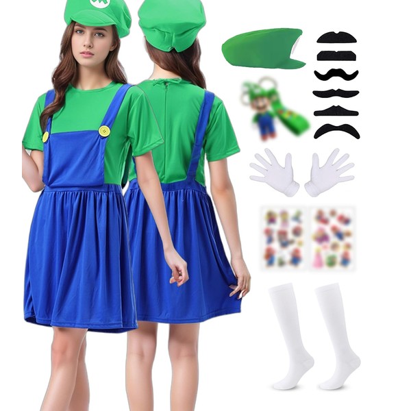 ChouGlow Mario and Luigi Costume Adult/Children (Adult-Women-Green, S)