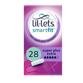 Lil-Lets Non-Applicator Super Plus Extra Tampons, 28 Count (1 Pack), for Very Heavy Flow, 5 Droplets, Plant-Based, SmartFit™ Non-App Tampon