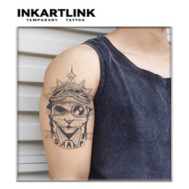 INKARTLINK Tattoo Tech,2 Sheets Extra-Large Semi Permanent Tattoo,Adult Art Design Temporary Tattoos, Lasts 1-2 Weeks, Waterproof, Realistic look, No Adhesive, No reflection (Aviator Cat Design）