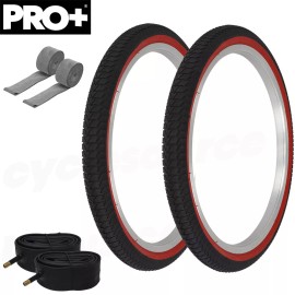 PRO+ Bicycle 20" x 1.75" Black/Red SEMI-SLICK Tread (2) TIRE,TUBE,& RIMSTRIP