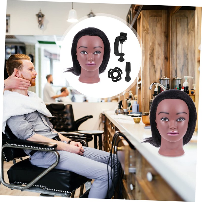 FOMIYES Hair Braiding Training Head with Real Hair Black Skin