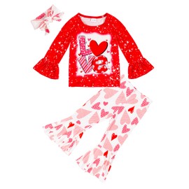 DAKEIK Toddler Valentines Day Outfit Girl 4t-5t Valentines Day Outfit girl Love Letter Print Red Long Sleeve Top Love Pattern Bell Pants 2 Piece Valentines Day Set, Red+heart
