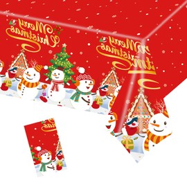 MORAINJAY Christmas Tablecloth,137x274cm Large Xmas Snowman Tree Red Table Cloth,Rectangle Waterproof Plastic Party Table Cover for Christmas Party Dinner,Winter Holiday,Christmas Table Decorations