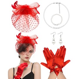 Red Fascinators Hat for Women Veil Mesh Tea Party Funeral Hat Bow Satin Gloves Pearl Jewelry Set for Cocktail 1920s Party