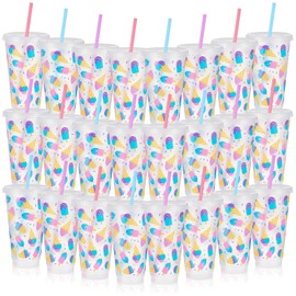 24 Pcs Ice Cream Party Favors 24oz Ice Cream Cups with Lid and Straw Reusable Summer Tumbler for Dessert Theme Birthday Party Favors Sweet Shop Decorations