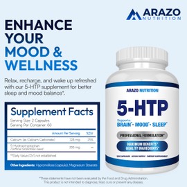 5-HTP 200 MG Plus Calcium for Mood, Sleep – Supports Calm and Relaxed Mood – 99% High Purity – 120 Capsules – Arazo Nutrition