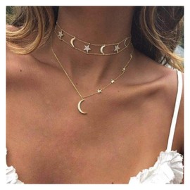 Andelaisi Gold Star Choker Necklace Bohemia Layered Moon Necklace CZ Crescent Pendant Necklace Full Rhinestone Chain Necklace Jewelry for Women and Girls