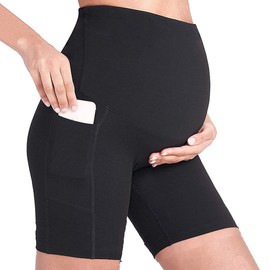 Buliezy Schwarze Umstands-Yoga-Shorts, hoch über Bump, Shapewear hohe Taille, Nahtlose Unterstützung, weiche aktive Schwangerschafts-Höschen mit Handy-Taschen S Schwarz