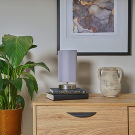 Pair of - Modern Brushed Chrome Touch Dimmer Bedside Table Lamps with Grey Cylinder Light Shades