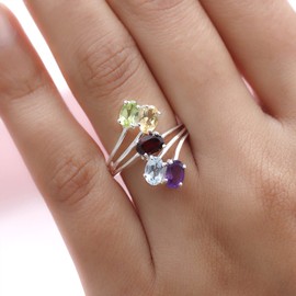 TJC Multicolour Gemstones Friendship Bypass Ring in 925 Sterling Silver with Citrine and Garnet for Women and Girls Size Q