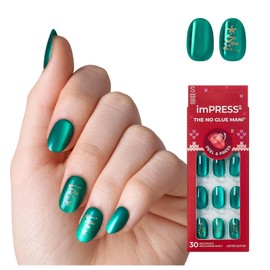 KISS imPRESS Holiday Press On Nails, ‘Please Santa’, Green, Short Oval, Magnetic Powder Effect, Improved Super Hold Adhesive, 30 Fake Nails, Prep Pad, Mini Nail File, & Manicure Stick