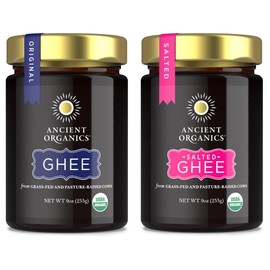 Ancient Organics Salted & Plain Ghee - Organic Grass Fed Ghee Butter, Gluten Free, Clarified Butter, Vitamins & Omegas, Lactose Reduced, Kosher, USDA Certified - 9 Oz (Variety Pack of 2)