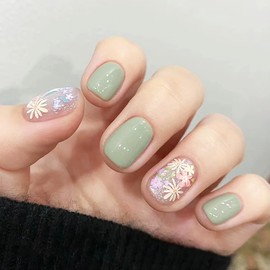 Flower Press on Nails Short Square - 24Pcs Full Cover Acrylic False Spring Summer Flowers Daisy Green Nail Patches Cute Fake Nails Nail Art Decorations DIY Nail Kits for Daily Wear Nail Tip