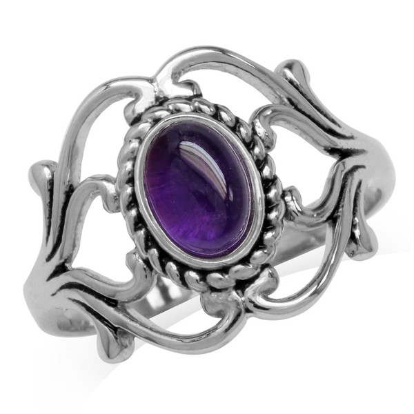 Silvershake Cabochon Amethyst 925 Sterling Silver Victorian Style Rope Ring