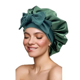 RUAKIVA Gorro de Pelo Rizado de Satén,Gorro de Dormir de Seda Ajustable,Gorro de Pelo de Doble Capa con Banda Elástica,Gorro de Noche para Cabello Rizado,Ideal para Dormir,Ducha y Belleza,Verde