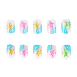 24Pcs Short Fake Nails Square Press On Nails Summer False Nails With Starfish Designs Artificial Acrylic Nails Full Cover Glue On Nails Short Reuseable Stick On Nails For Women