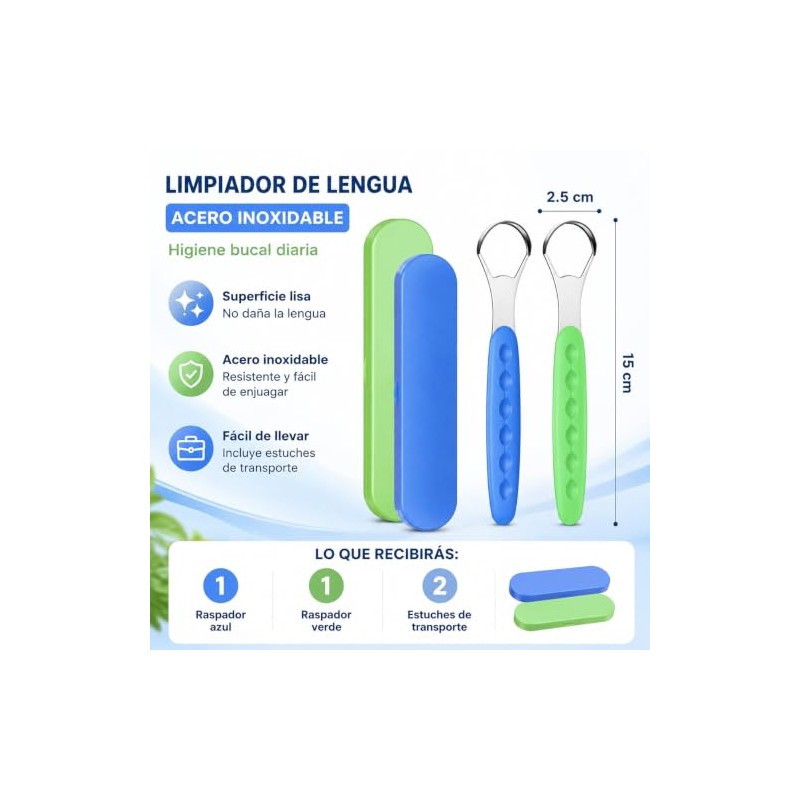 Limpiador de Lengua, 2 de Acero Inoxidable con Estuches (Azul;