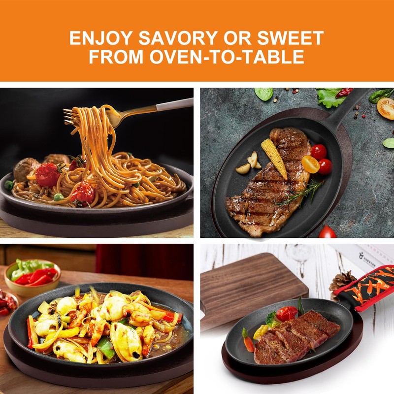 DVK Sizzling Plate with Wooden Base Fajita Skillet with Scald