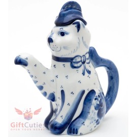Handmade Porcelain Gzhel teapot coffee server cat souvenir handmade in Russia