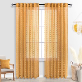 Mustard Yellow Textured Curtains 84 Inch Length 2 Panels for Living Room Bedroom Dining Room Boho Back Tab Rod Pocket Pom Pom Tufted Gold Semi Sheer Curtain 84 Inches Long for Nursery Girls Kids Room