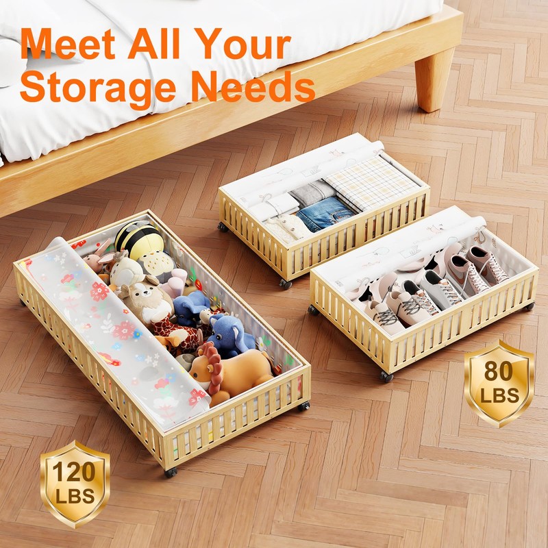 Landmok Bamboo Under Bed Storage Containers with Wheels, 40L UnderBed