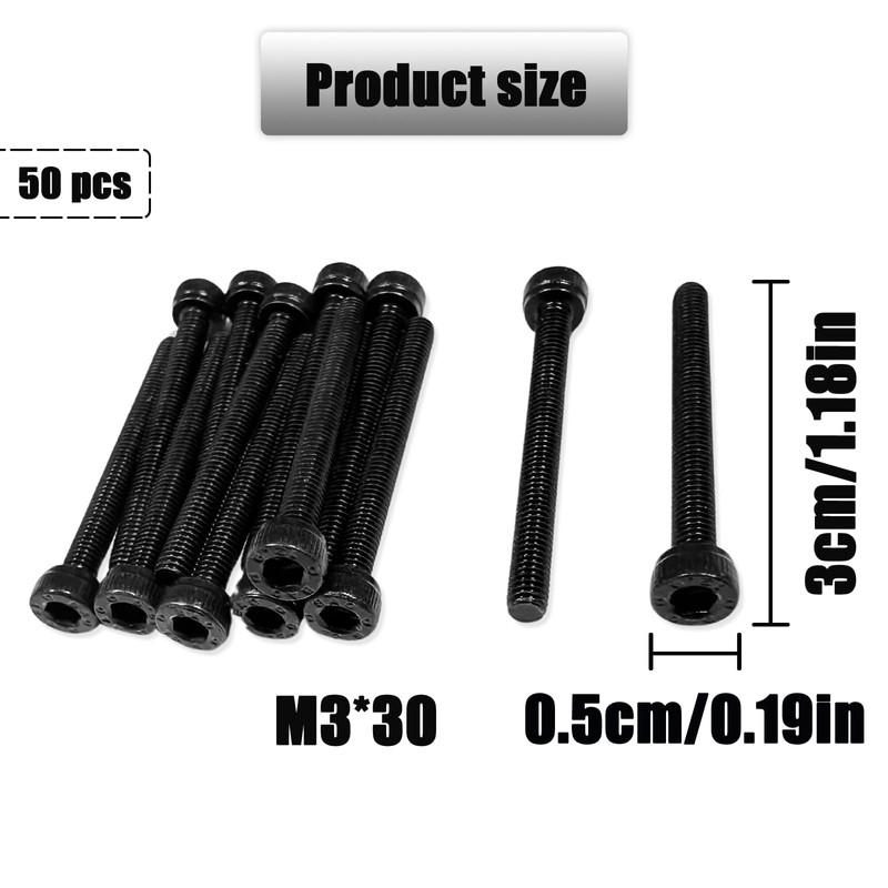 HAIKING Black Hexagon Socket Screws, 50 PCS M3 x 30mm