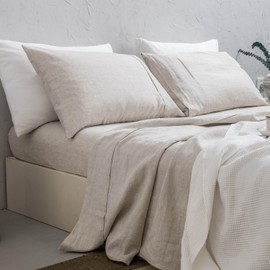 meadow park 100% Washed French Linen Sheet Set-Queen Size-Natural Linen-4 Pieces (1 Flat Sheet, 1 Fitted Sheet & 2 Pillowcases), 16" Deep Pocket, Breathable,Ultra Soft and Durable